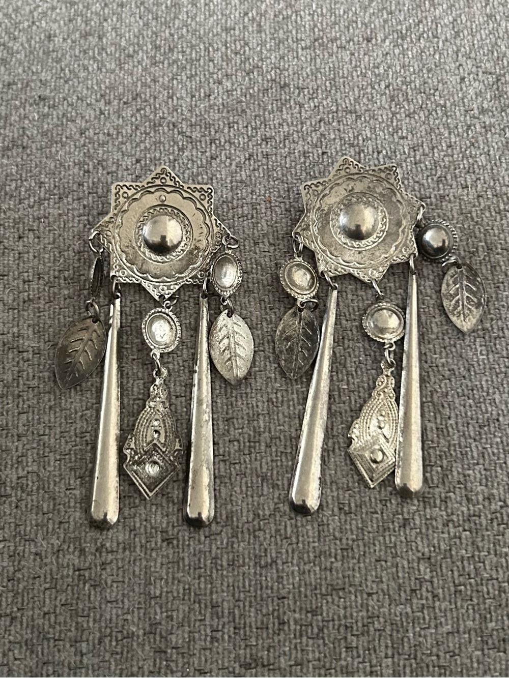 Artisan Silver-Tone Dangle Earrings with Leaf & Geometric Charms